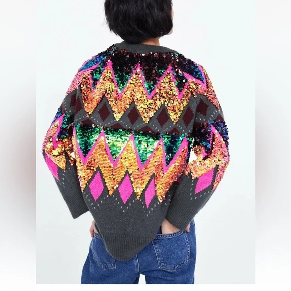 ZARA MULTICOLOR OVERSIZED SEQUIN SWEATER RARE MEDIUM M - Picture 12 of 16
